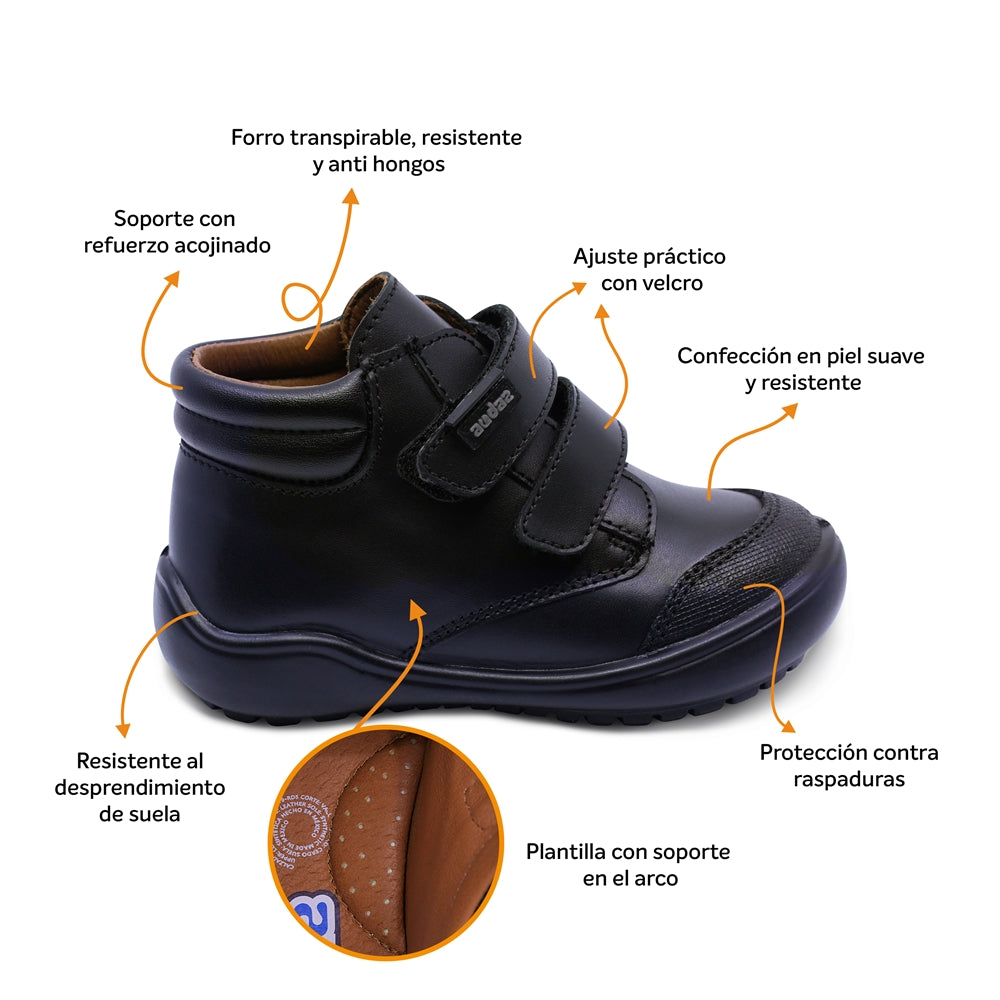 Bota escolar Audaz para niño de piel en negro Castor con puntera antirraspaduras