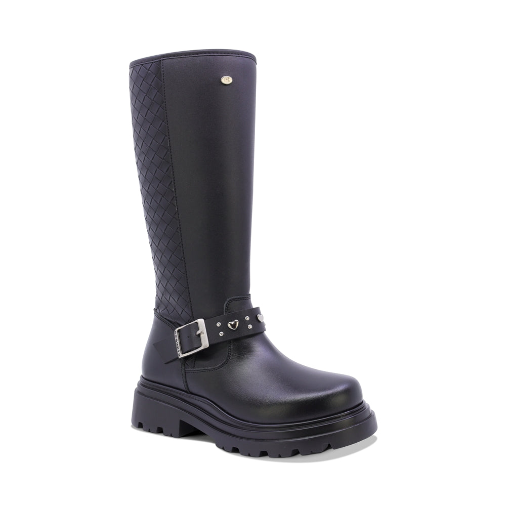 BOTA COQUETA PARA NIÑA DE SINTÉTICO COLOR NEGRO JAZZ CON HEBILLA DECORATIVA