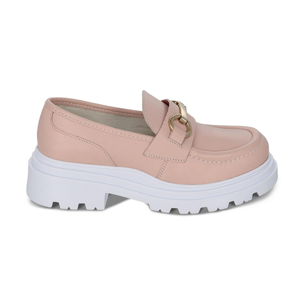 Mocasín Coqueta para niña en piel rosa Jazz con suela de plataforma.