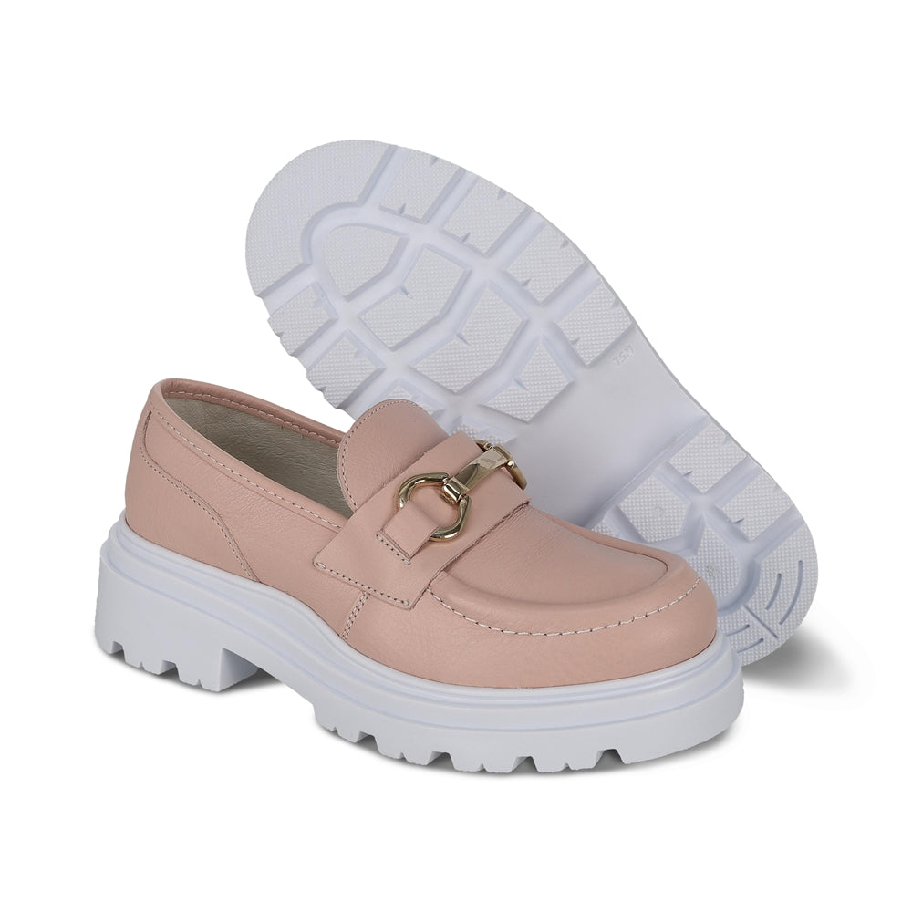 Mocasín Coqueta para niña en piel rosa Jazz con suela de plataforma.