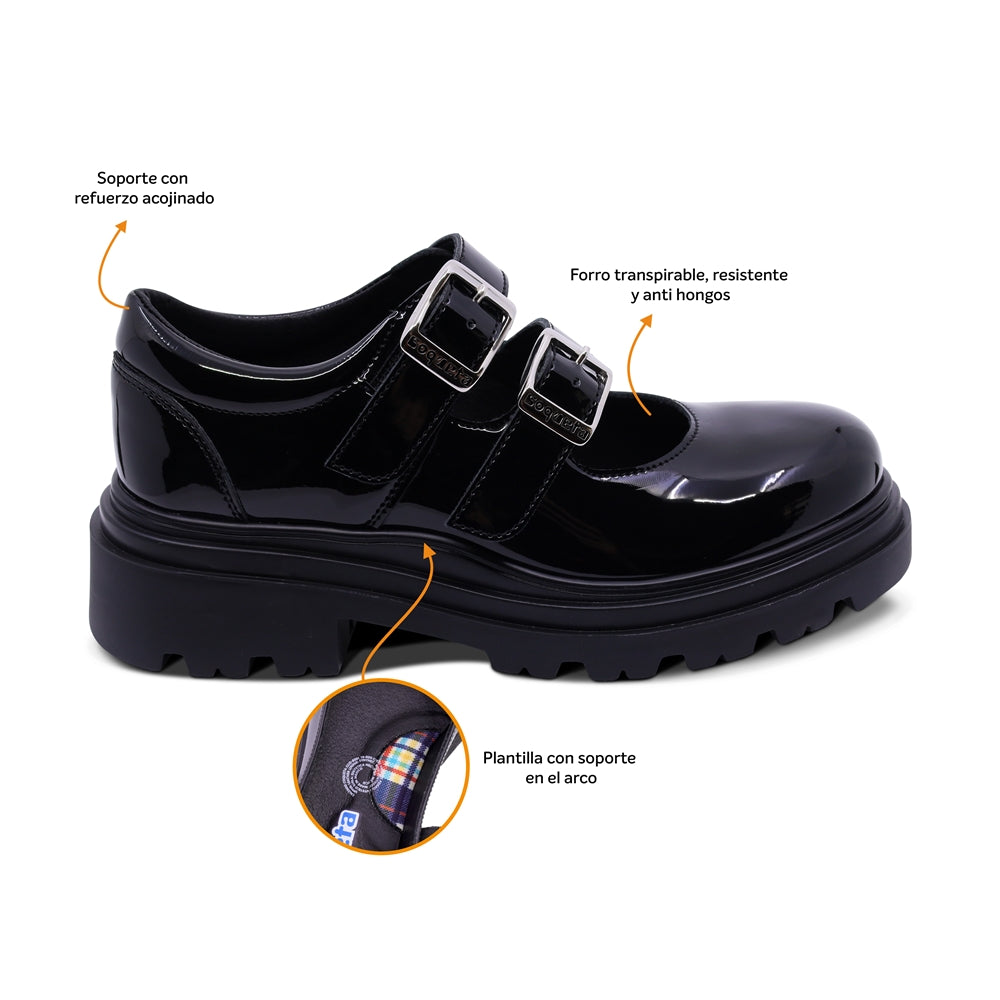 Zapato escolar Coqueta para niña de charol negro Jazz con doble hebilla