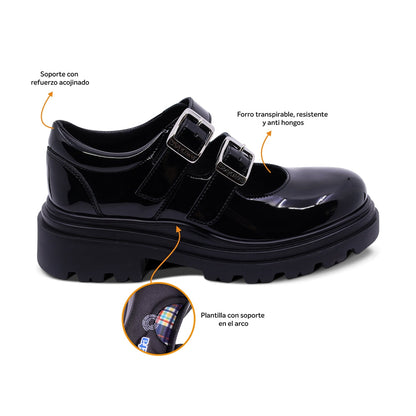 Zapato escolar Coqueta para niña de charol negro Jazz con doble hebilla
