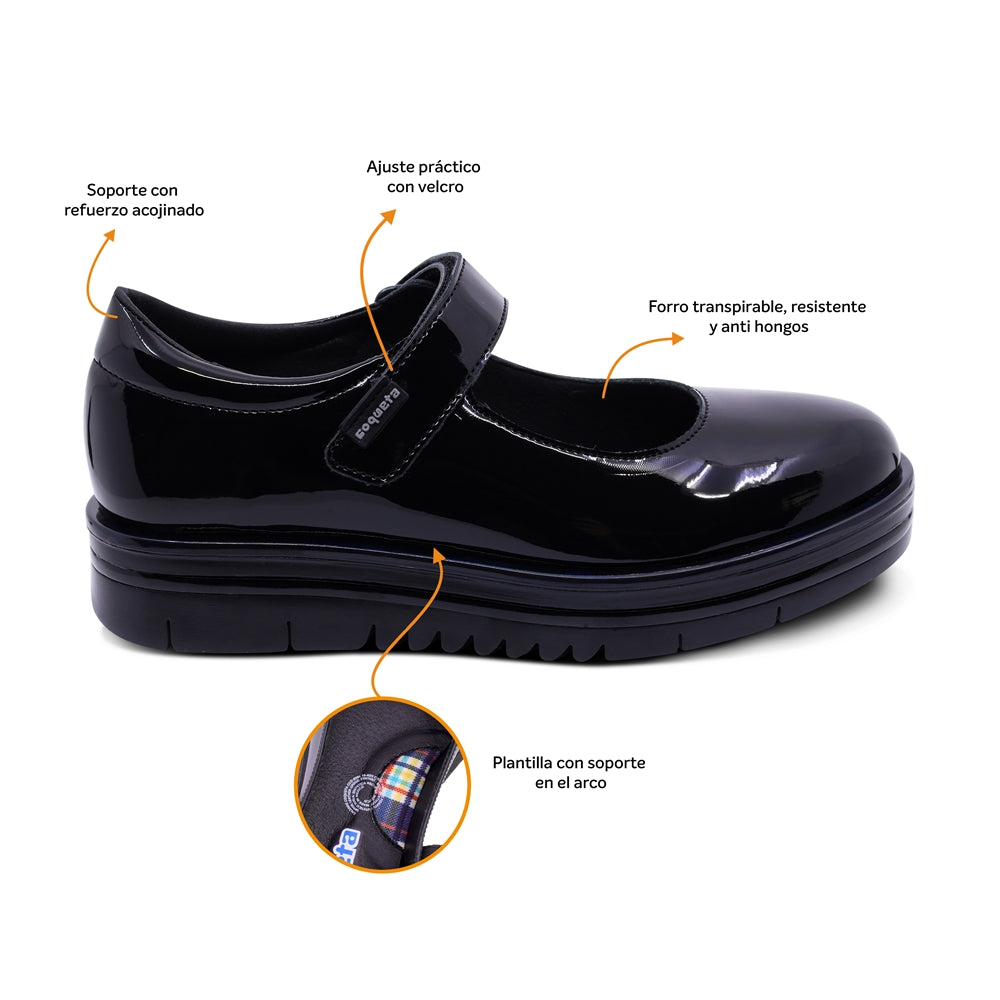 Zapato escolar Coqueta para niña en charol negro Nora con tira de contacto