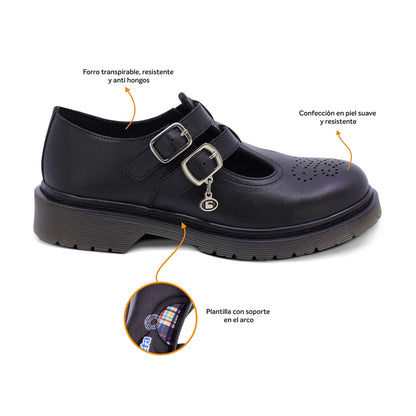 Zapato escolar Coqueta para niña de piel en negro Martín con perforado