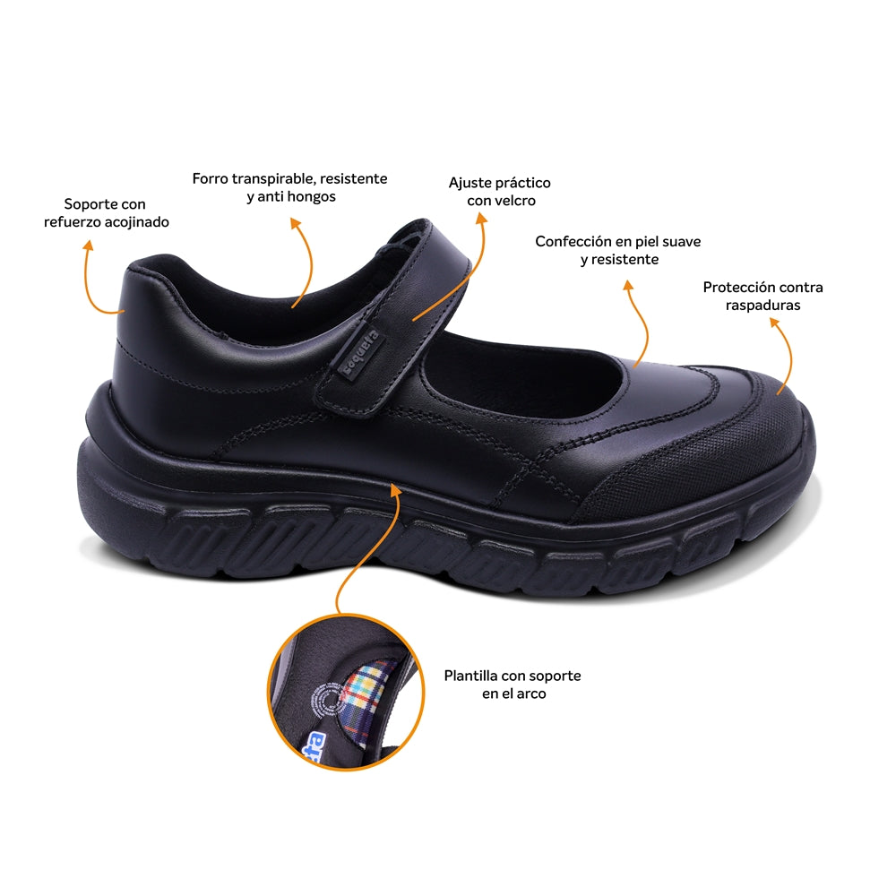 Zapato escolar Coqueta para niña de piel negro Balu con puntera antiraspaduras