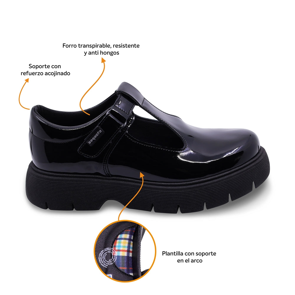Zapato escolar Coqueta para niña charol negro Igor con tira de contacto