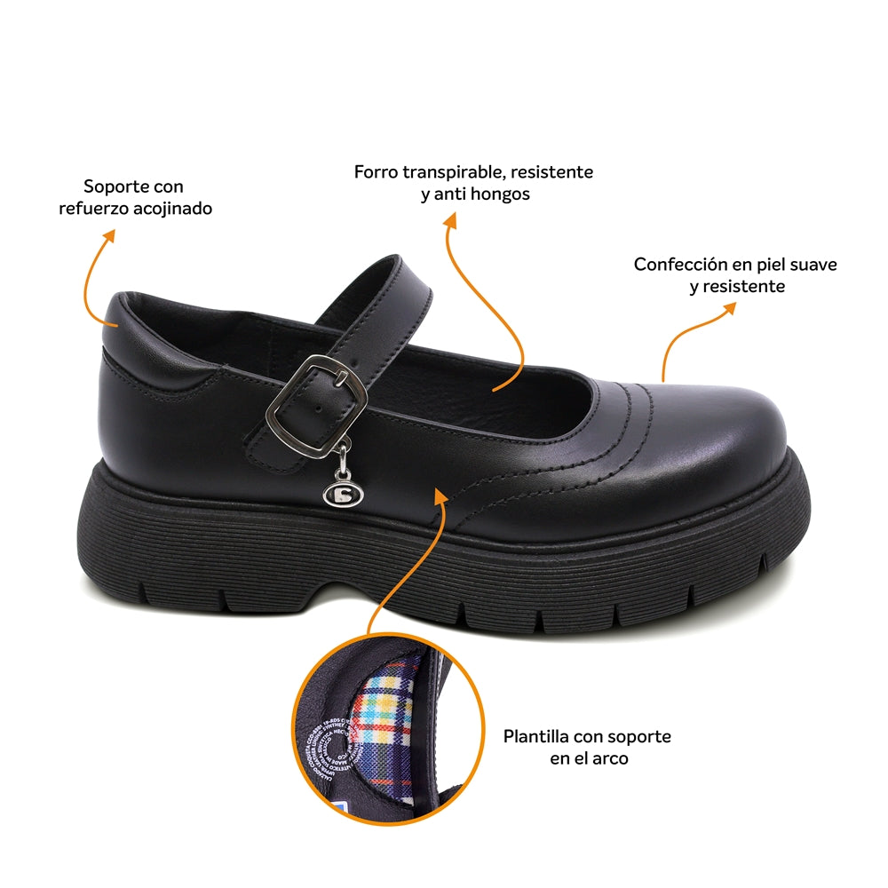 Zapato escolar Coqueta para niña de piel negro Igor con dije