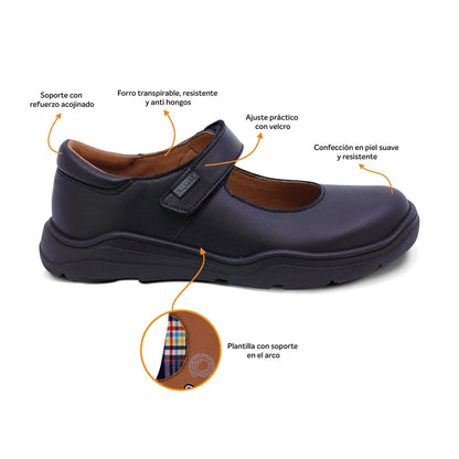 Zapato escolar Coqueta para niña de piel en negro Pilatus con ajuste cómodo