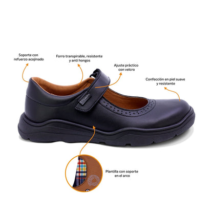 Zapato escolar Coqueta para niña de piel en negro Pilatus con perforado