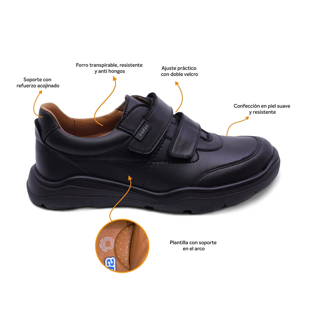 Zapato escolar Audaz para niño de piel en negro Pilatus con doble tira de contacto