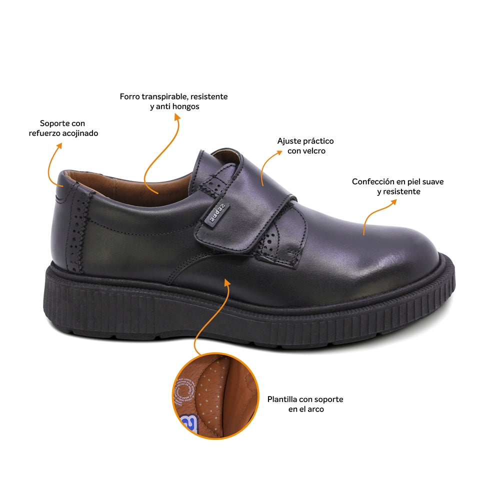 Zapato escolar Audaz para niño de piel en negro Igor con tira gruesa de contacto