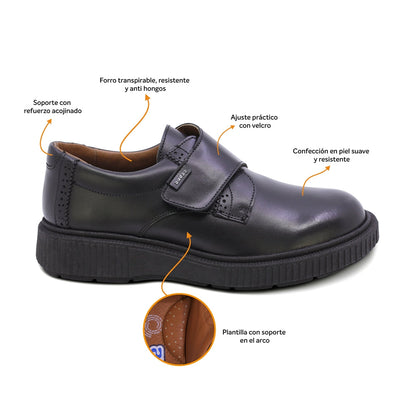 Zapato escolar Audaz para niño de piel en negro Igor con tira gruesa de contacto