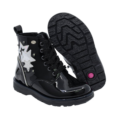 Botín Coqueta para niña Charol  Negro Elvis con estrellas decorativas