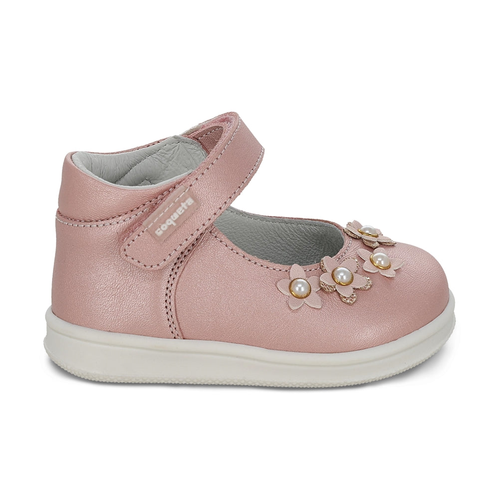 Zapato Coqueta para niña en piel rosa Teddy con tira de contacto.
