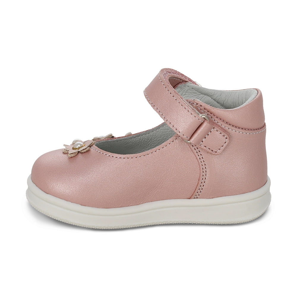 Zapato Coqueta para niña en piel rosa Teddy con tira de contacto.