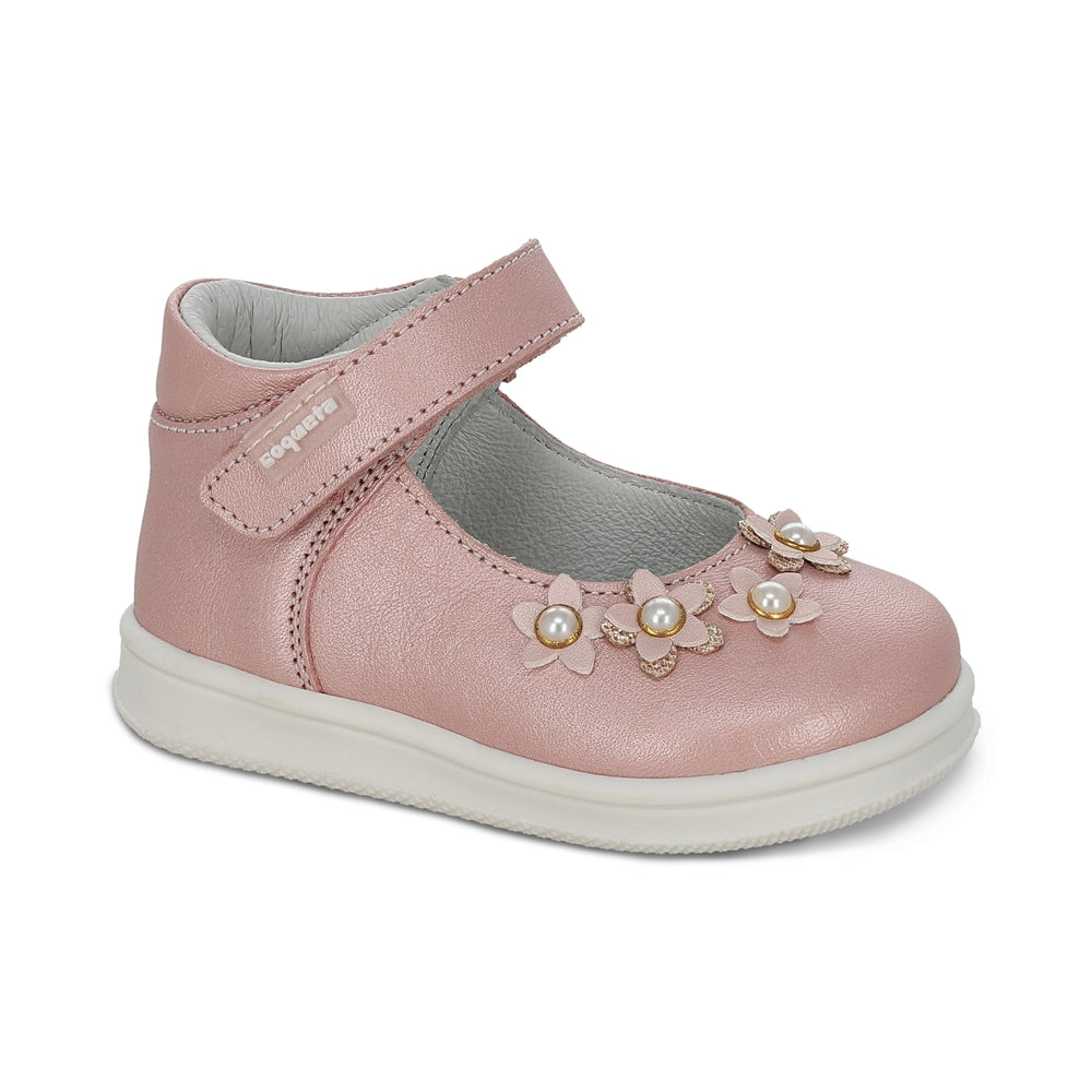 Zapato Coqueta para niña en piel rosa Teddy con tira de contacto.