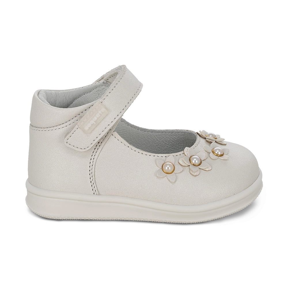 Zapato Coqueta para niña en piel perla Teddy con tira de contacto.