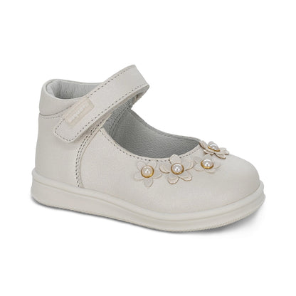 Zapato Coqueta para niña en piel perla Teddy con tira de contacto.