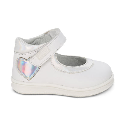 Zapato Coqueta para niña en piel blanco Teddy con tira de contacto.