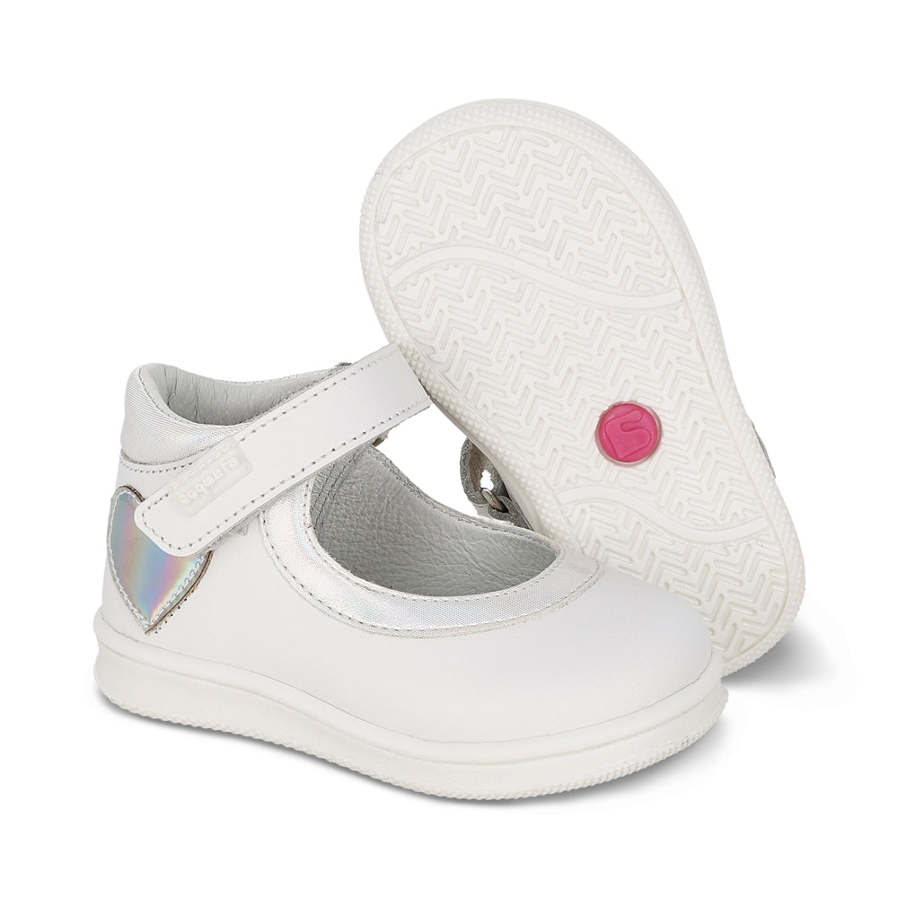 Zapato Coqueta para niña en piel blanco Teddy con tira de contacto.