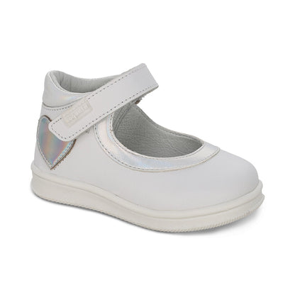 Zapato Coqueta para niña en piel blanco Teddy con tira de contacto.