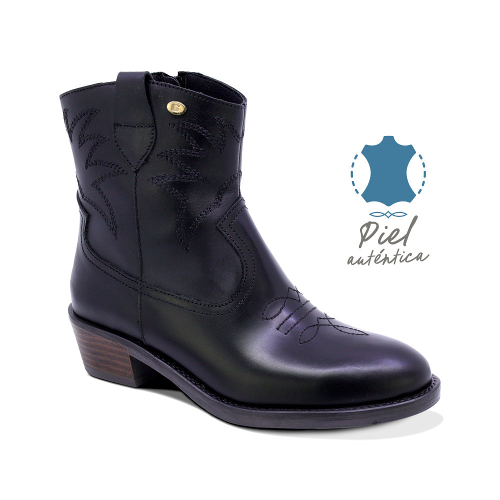 BOTINES COQUETA PARA NIÑA DE PIEL COLOR NEGRO MIRTA CON DISEÑO WESTERN