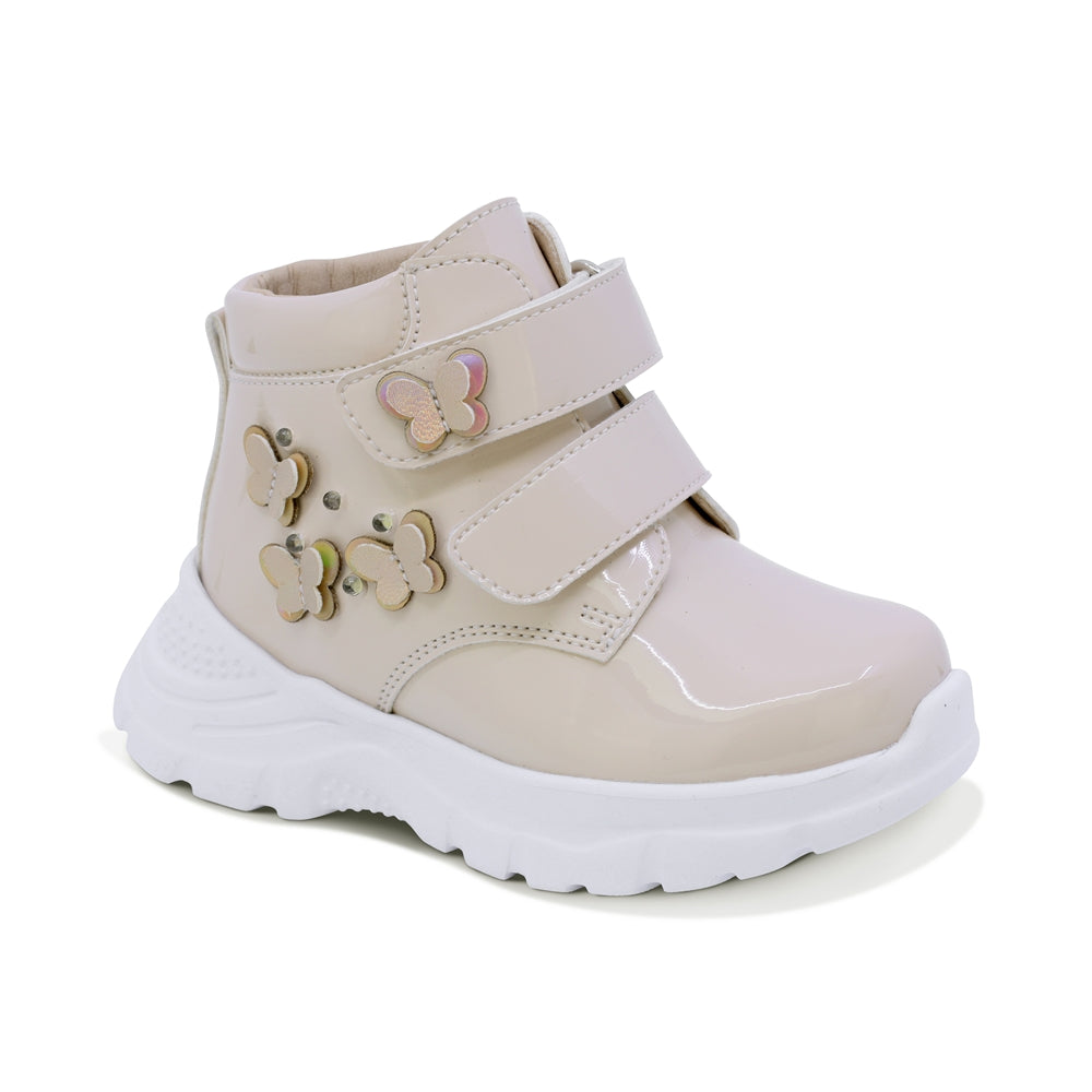 BOTA COQUETA PARA NIÑA CHAROL COLOR BEIGE NEMO CON DOBLE TIRA DE CONTACTO