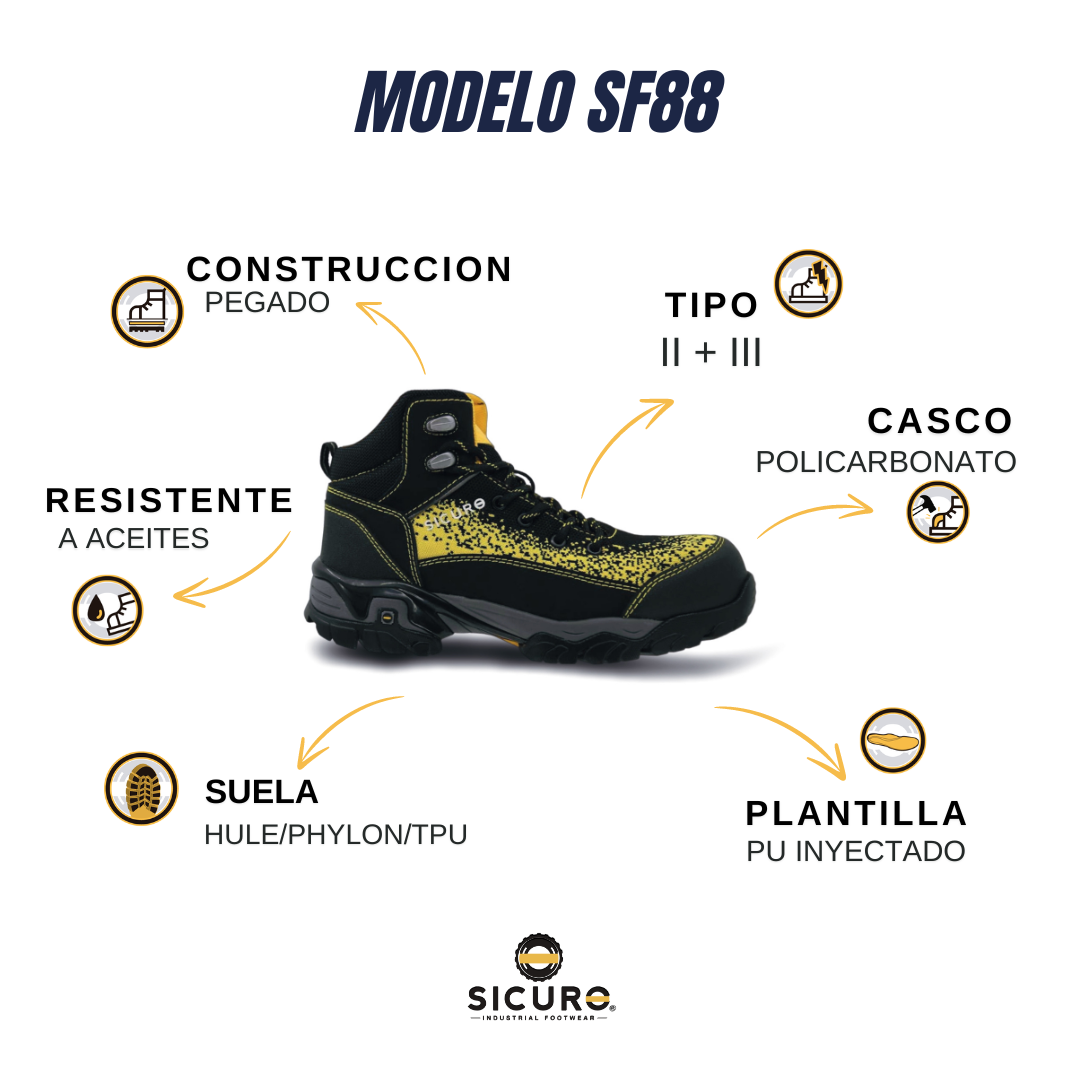 Bota De Seguridad Sicuro Forte SF88 Negro Amarillo Caballero