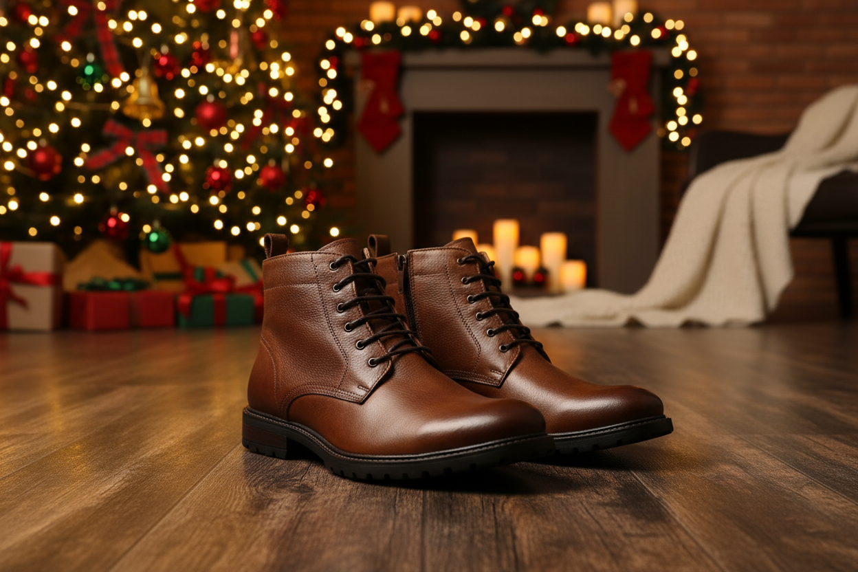 Pies de hombre con botines puestos y decoración navideña de fondo
